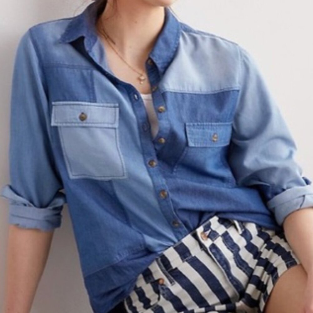 Anthropologie Pilcro Patchwork Chambray Buttondown Shirt Boho Lagenlook
